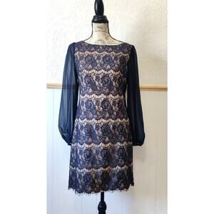 Eliza J Floral Lace Over Lay Cocktail Dress Size 8  Sheer Long Sleeve Navy